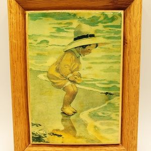 Vintage Kimberly Enterprises Framed Art Tile 1970's Girl Ocean Beach Shore Shell